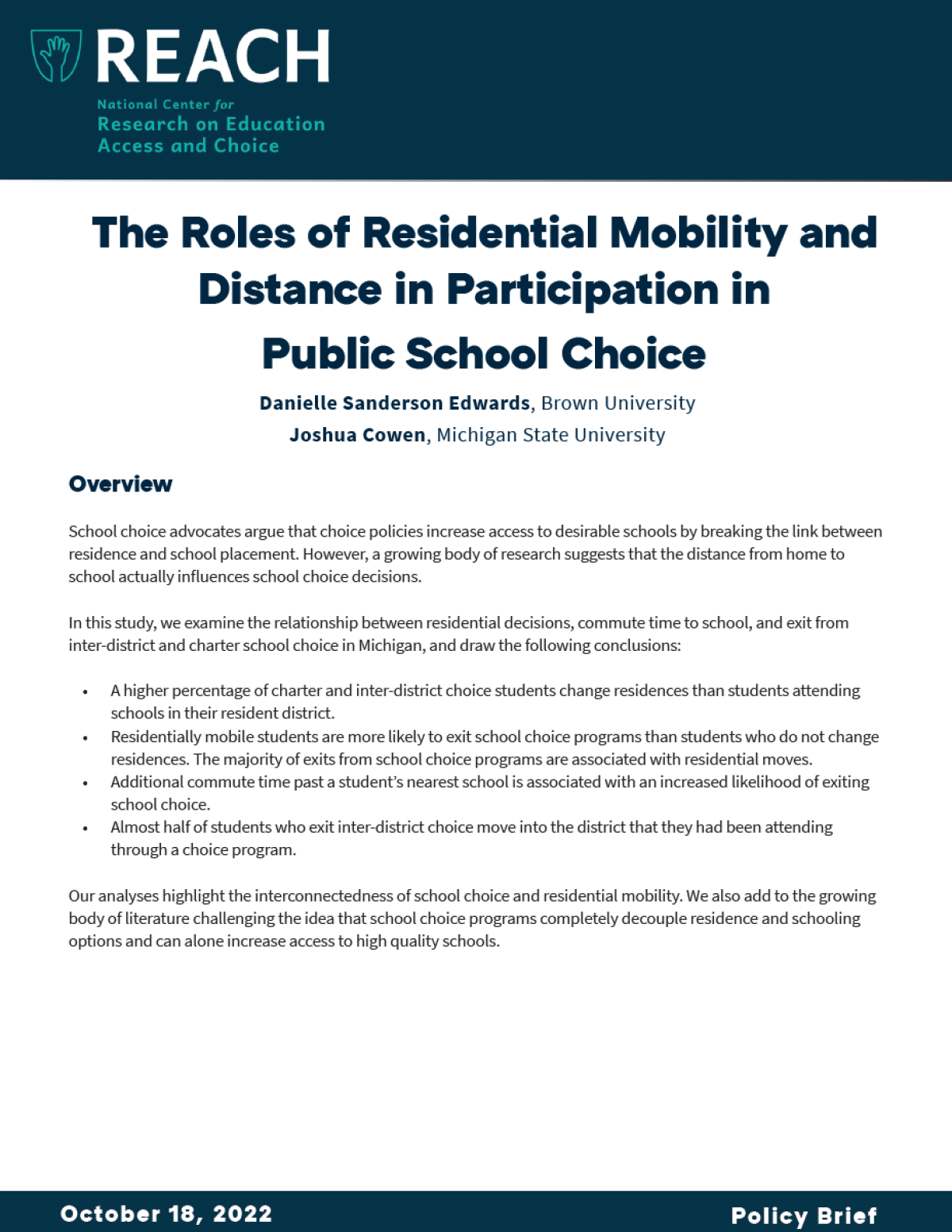 Cover Page REACH 2 E MSU Distance and School Choice Policy Brief 2022 10 18