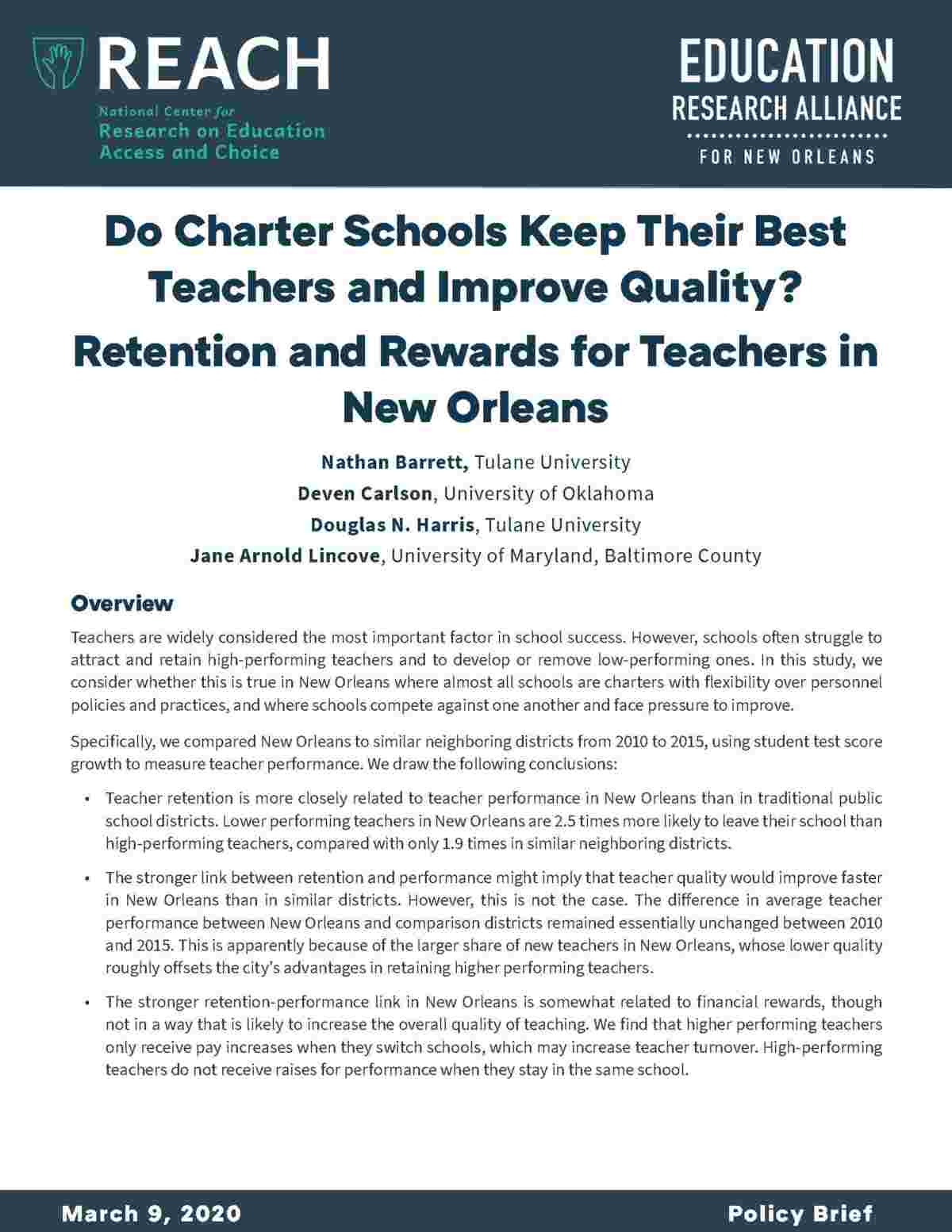 Cover of the REACH policy brief on retention and rewards for teachers in New Orleans